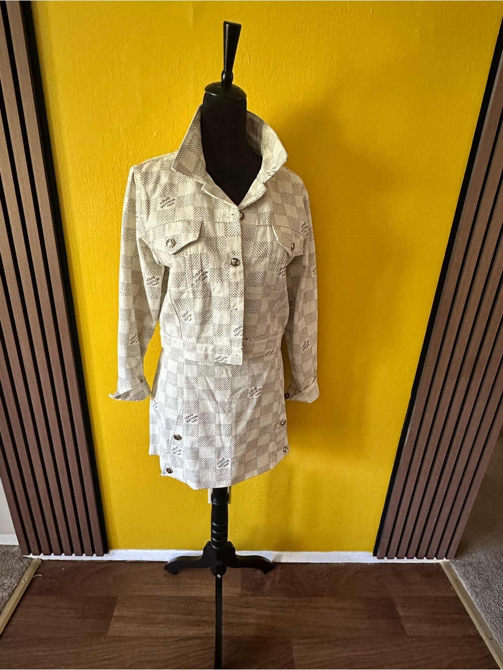 Light Cream Checked Women's denim jacket, and mini skirt - Picture 2 of 3